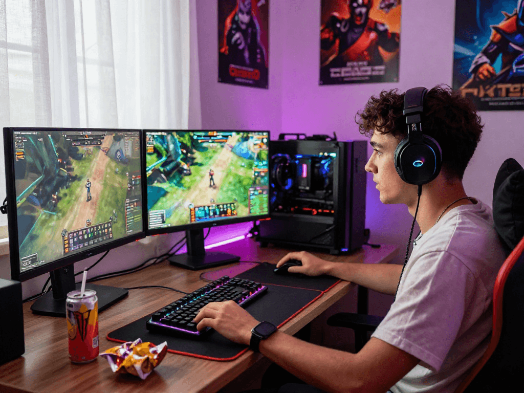 Gamer immersed in gameplay at mpocash.blog, showcasing a vibrant gaming setup with multiple monitors and intense focus.