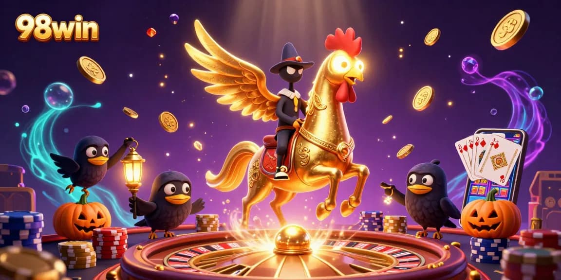 Spin to win at 98win with a vibrant casino adventure featuring golden treasures and magical characters.