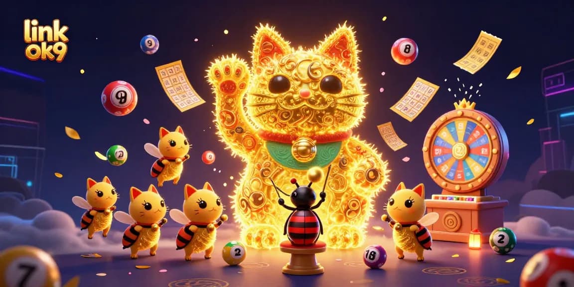 Engage with link ok9 while experiencing a magical casino scene with a lucky cat and vibrant game elements.