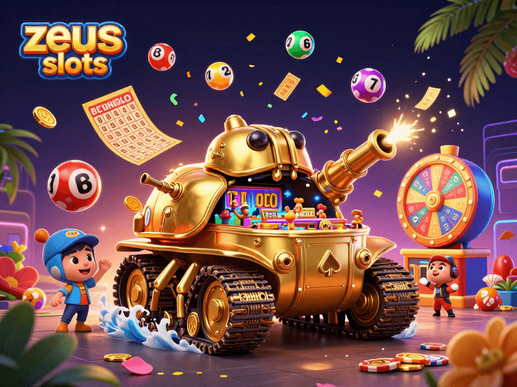 Experience the excitement of zeus slots with a vibrant, animated casino scene filled with dynamic gaming elements.