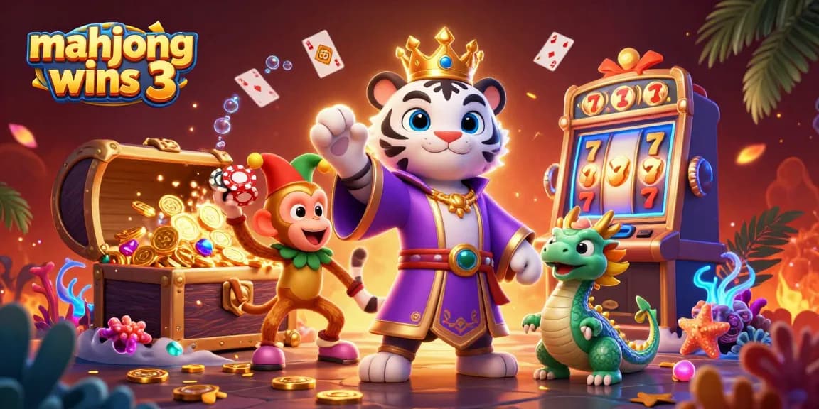 Experience spectacular mahjong wins 3 with a vibrant 3D casino scene featuring lively characters.