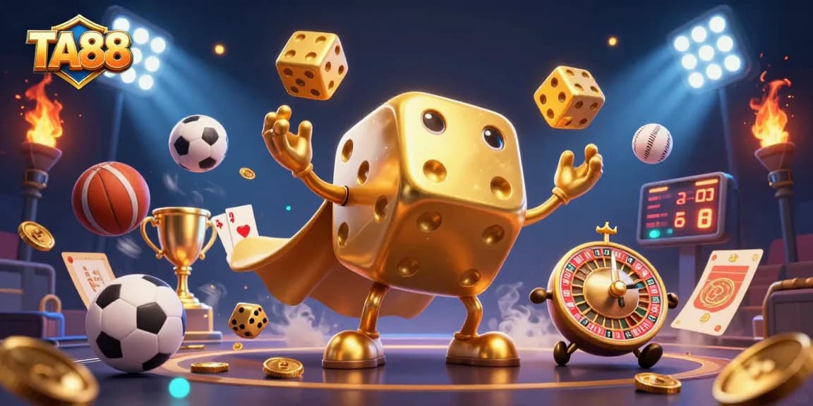 TA88 engages in a thrilling dice game with golden elements and sports action in a vibrant casino scene.