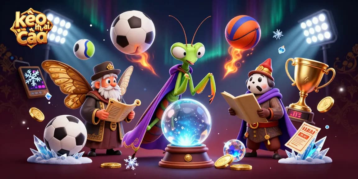 Engage with kèo nhà cái through a vibrant 3D illustration showcasing sports betting elements and mystical characters.