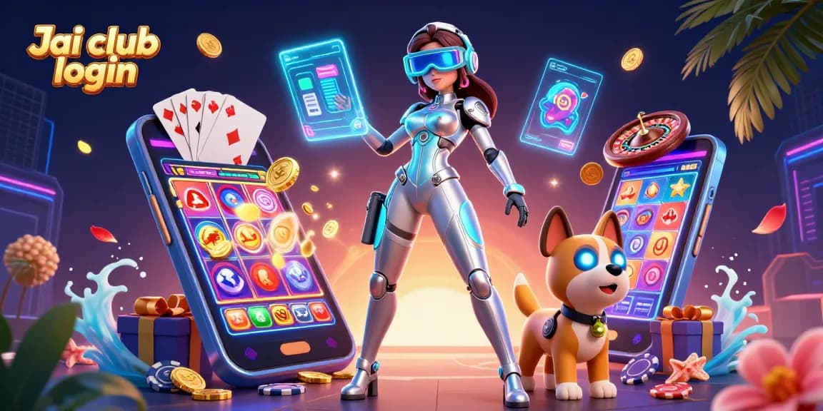 Engage with Jai club login through this vibrant casino illustration filled with dynamic gaming elements.