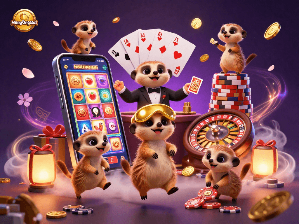 Engage in vibrant casino adventures with HengOngBet featuring a colony of meerkats running a fun-filled casino game.