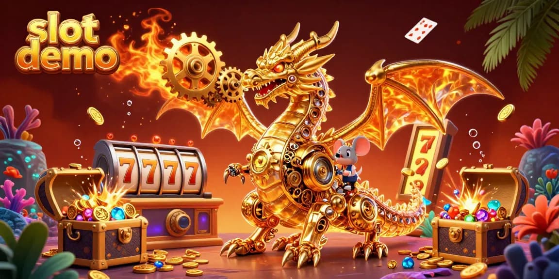 Experience slot demo with a golden dragon and treasure in a captivating casino environment.