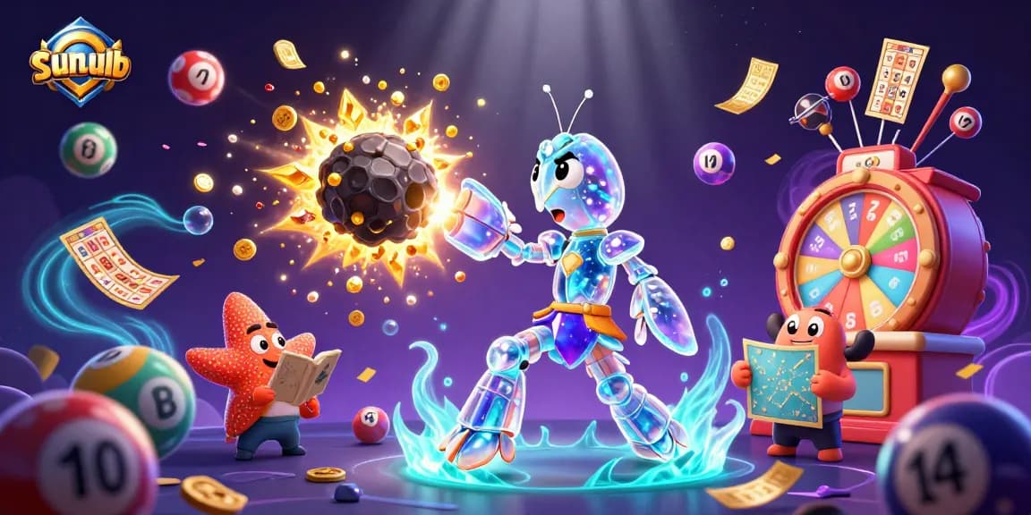 Experience the excitement of sumclub with vibrant lottery balls, golden tickets, and dynamic casino elements.
