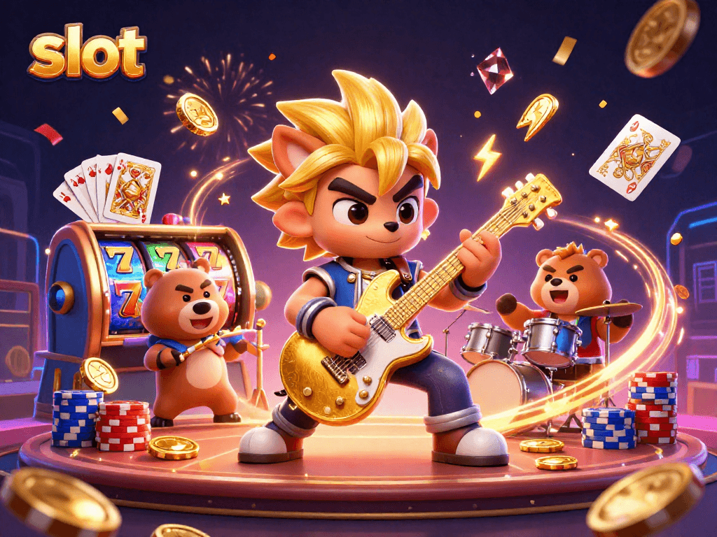 Spin the slot reels and win big in this vibrant casino scene with golden coins and playful characters.