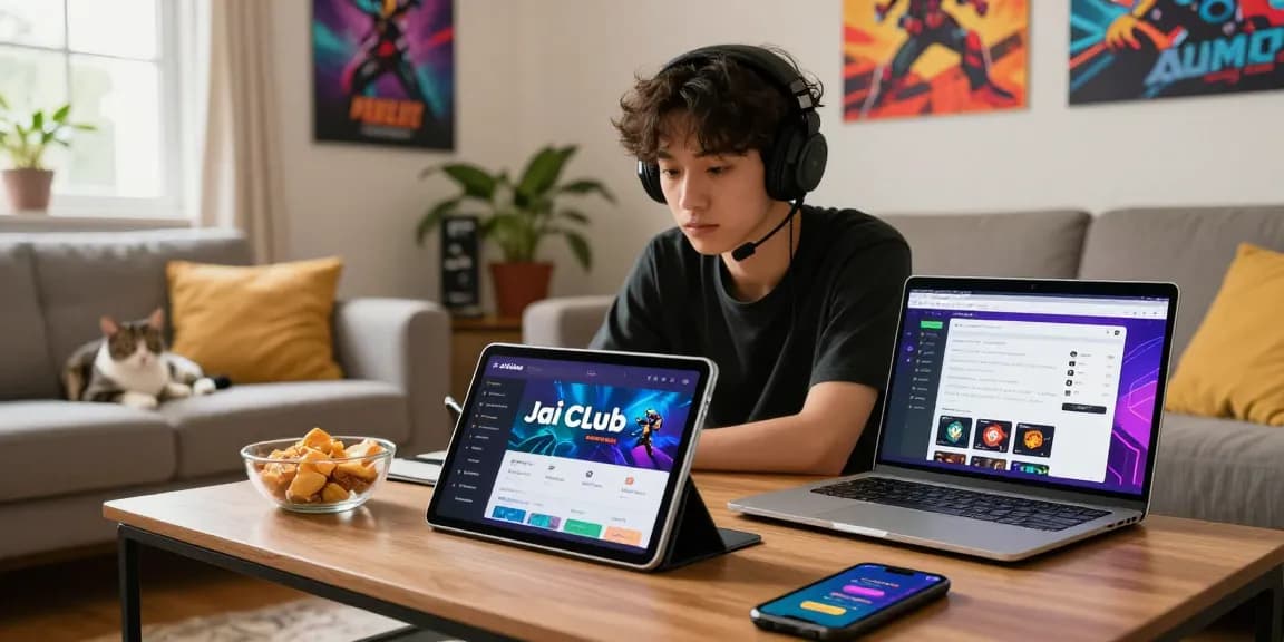 Engaged gamer enjoying the jaiclub app in a cozy home atmosphere.