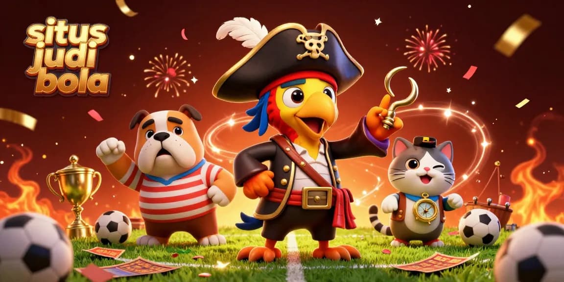 Experience thrilling situs judi bola action with pirate captain, bulldog, and cat in a football betting scene.