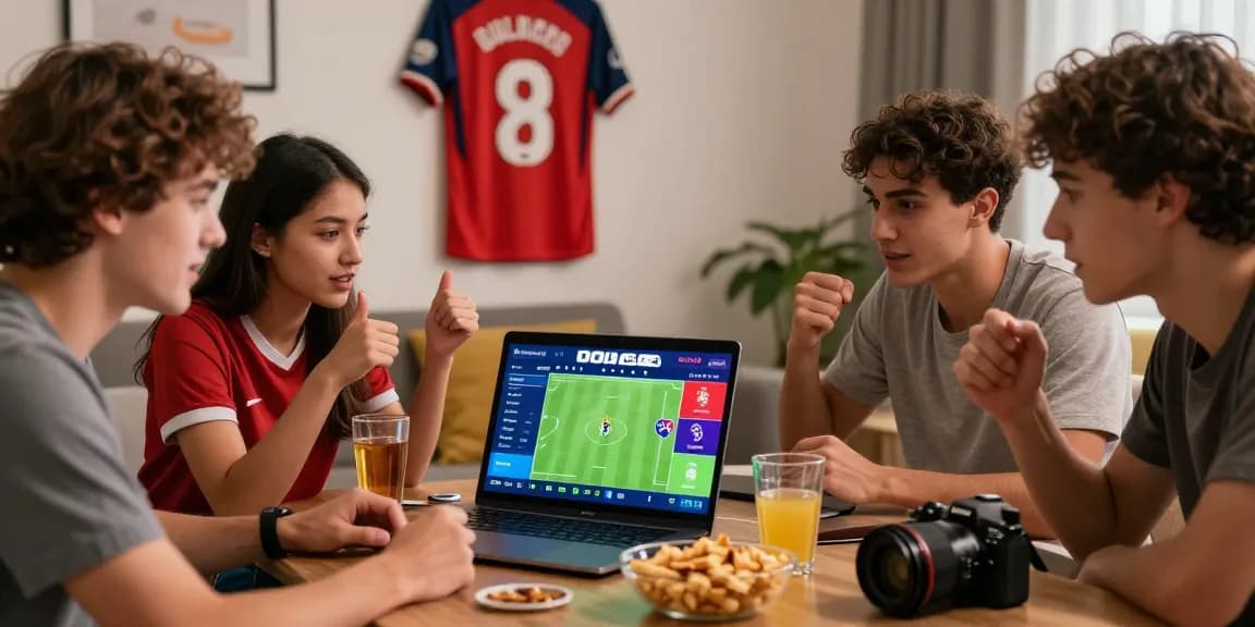 Friends engaging in Taruhan Mix Parlay Bola88 while enjoying a live football match with clear betting odds.