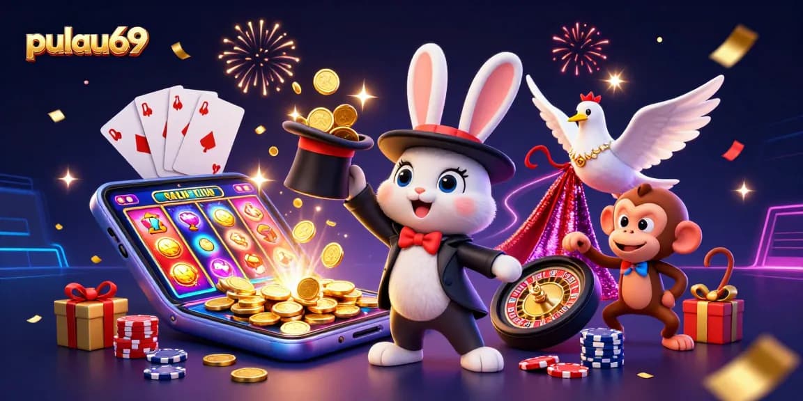 Experience pulau69 magic with a 3D visual of a magician rabbit and casino elements.