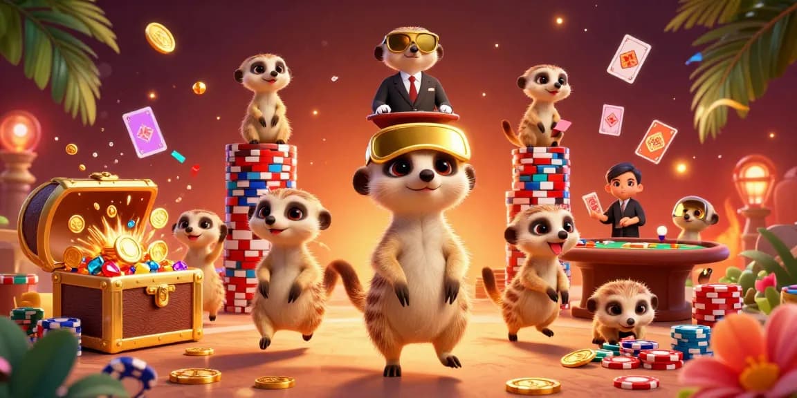 Witness 79king meerkats expertly managing a vibrant casino operation in this dazzling 3D illustration.
