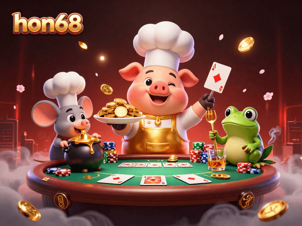 Engage in thrilling gameplay at hon68 with a vibrant casino scene featuring chefs and gold coins.