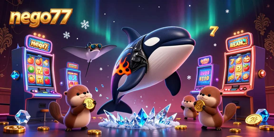 Nego77 showcases a vibrant 3D casino scene with characters enjoying slot games and golden coins.