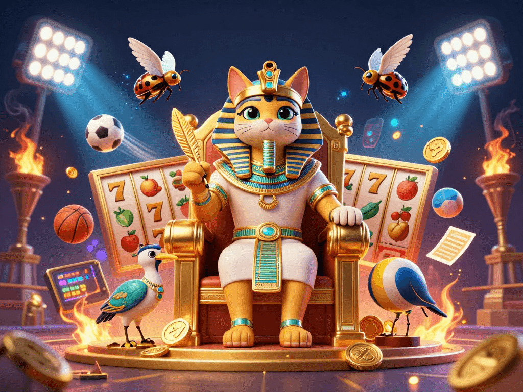 Experience the thrill of สล็อต with an exquisite 3D casino illustration featuring a pharaoh cat, treasures, and vibrant gaming elements.