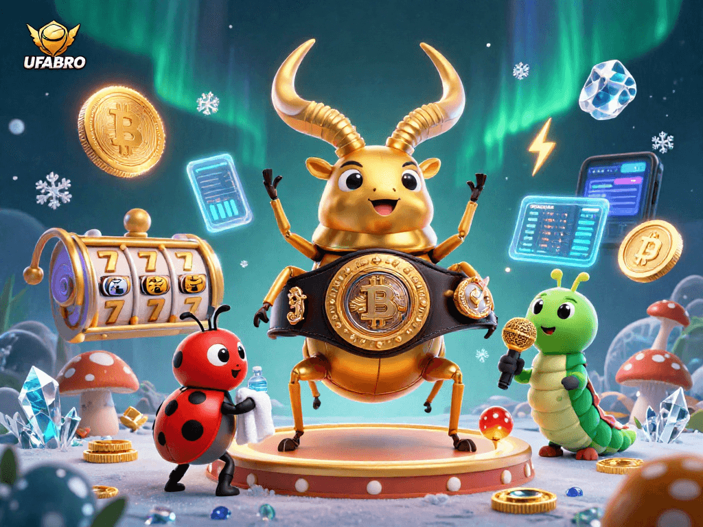 Experience thrilling slots and games at UFABRO with engaging cartoon characters in a colorful casino scene.