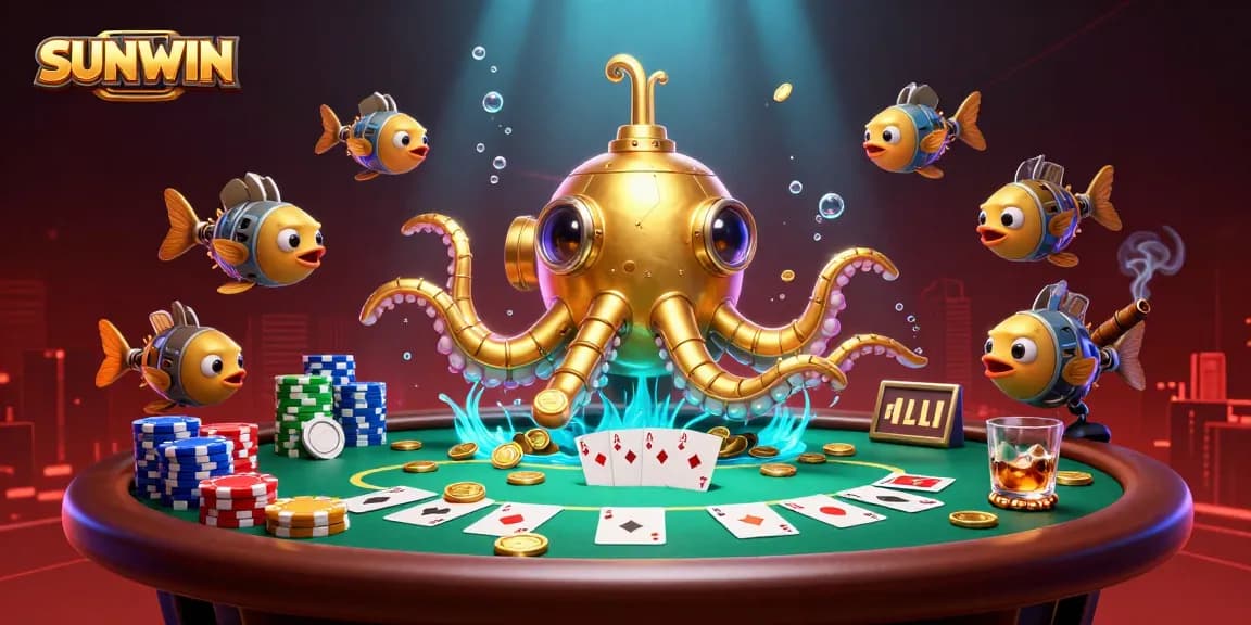 SUNWIN captures excitement with a golden kraken and poker chips, inviting gamblers to play.