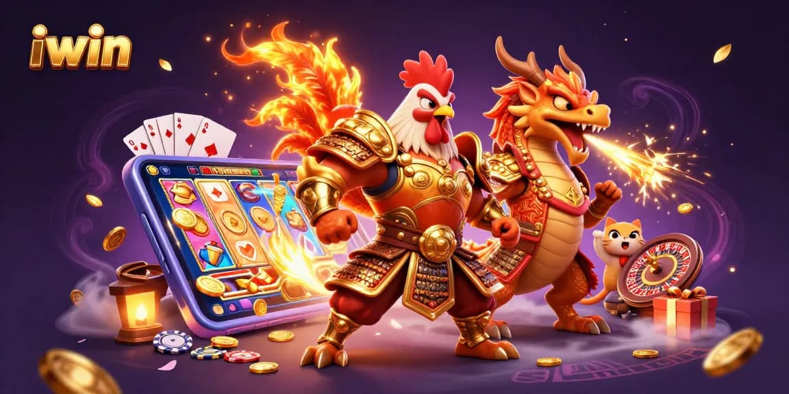 Experience the thrill of iwin gaming with colorful slots and dynamic characters in this vibrant illustration.