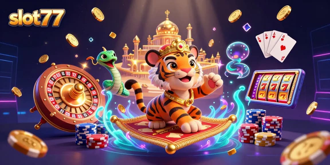 Spin to win with slot777, featuring a vibrant 3D scene of casino elements and characters.