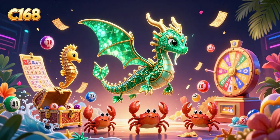 C168 features an emerald sea dragon guarding treasure amidst vibrant lottery game elements and dynamic prizes.