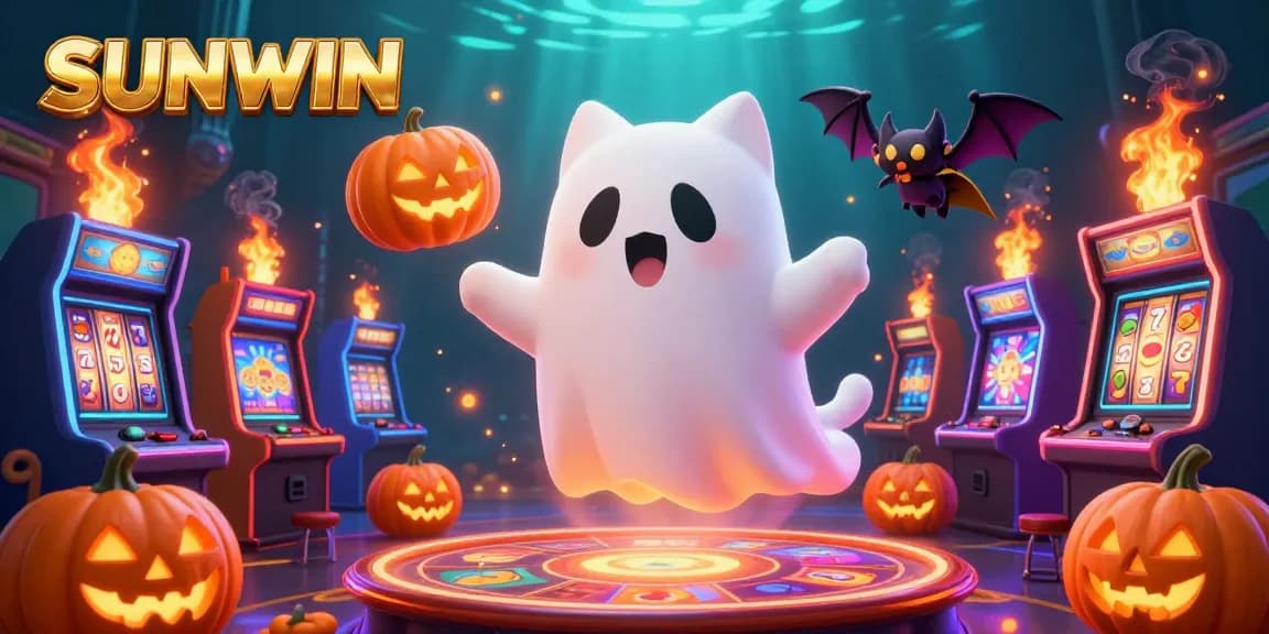 SUNWIN gaming scene with a friendly ghost cat and vampire bat in a vibrant casino filled with slot machines.