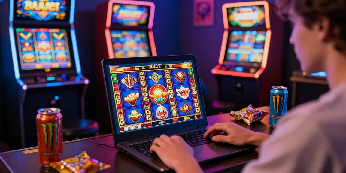 Engaging online scene of playing bandar slot on a laptop amidst neon gaming decor and thrilling visuals.