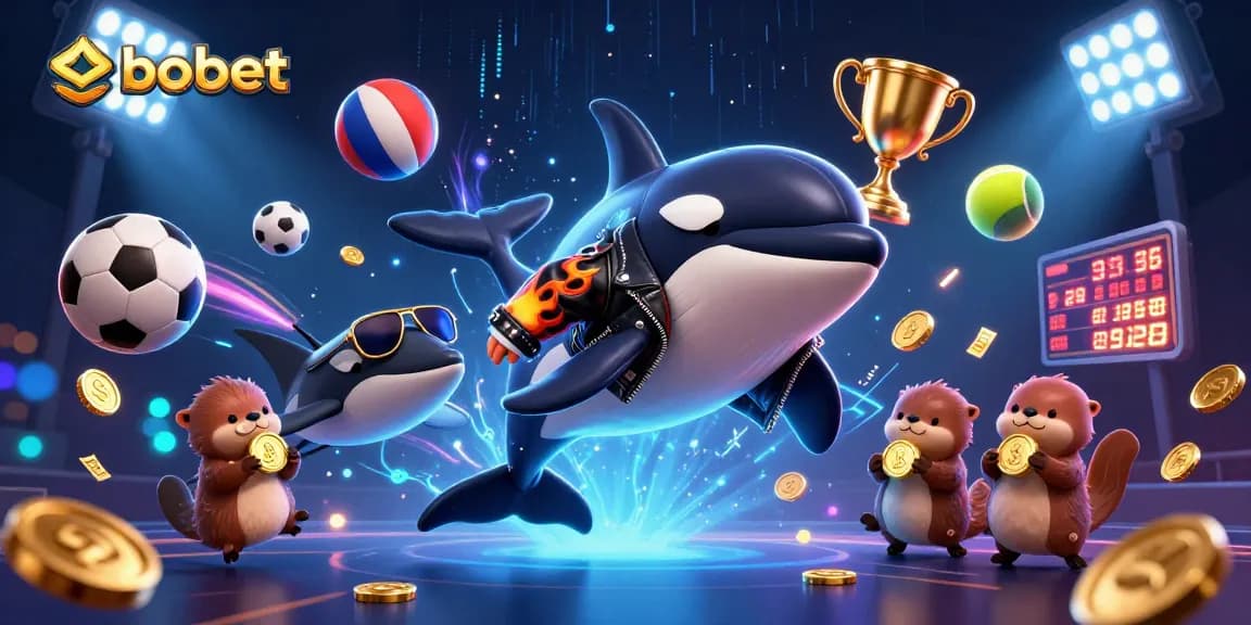 Bet big with sbobet, featuring an orca in a jacket, sports balls, and sea otters with coins in a vibrant scene.