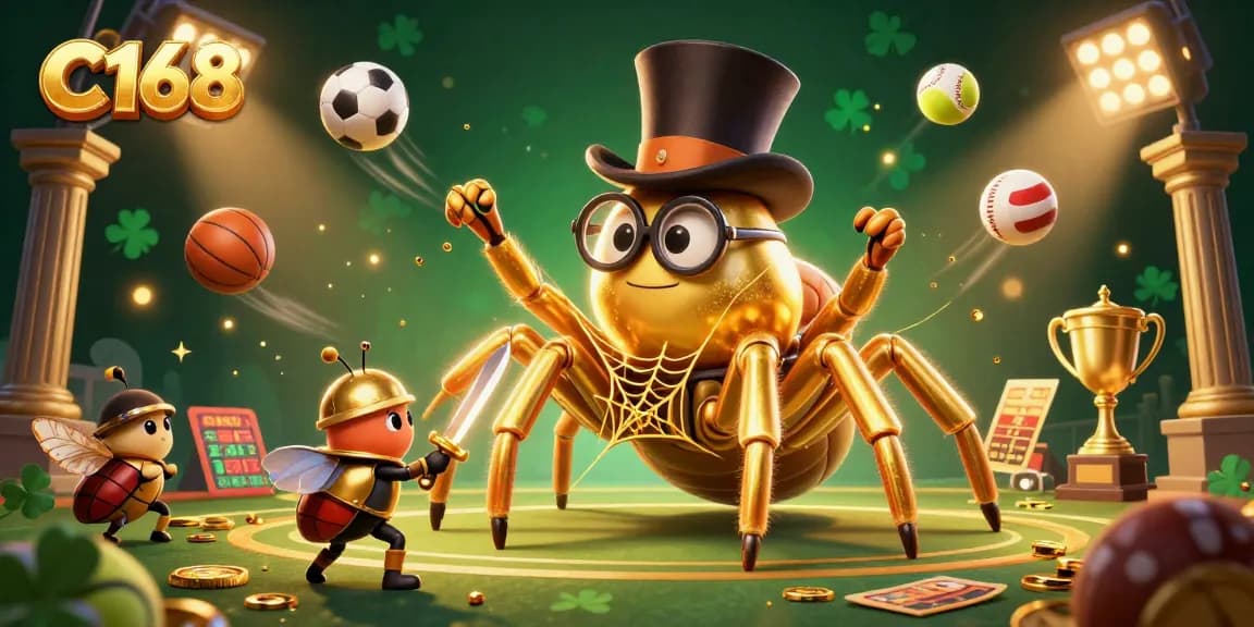 C168 players engage in dynamic casino action with a mixture of animated characters and sports themes in captivating 3D illustration.