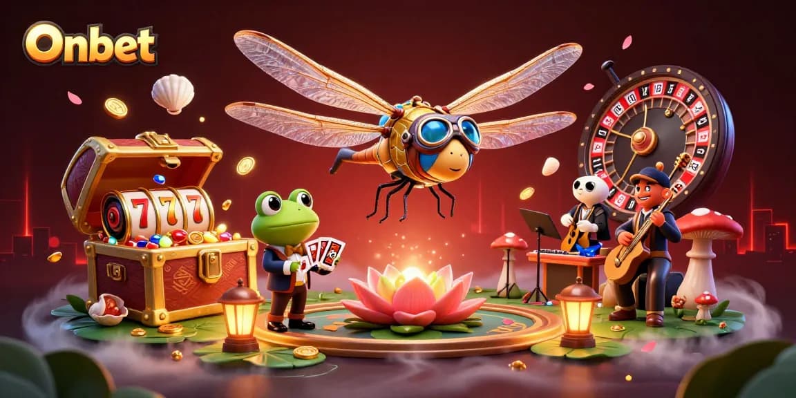 Spin to win at Onbet with a lively casino scene featuring a dragonfly pilot and frog croupier.