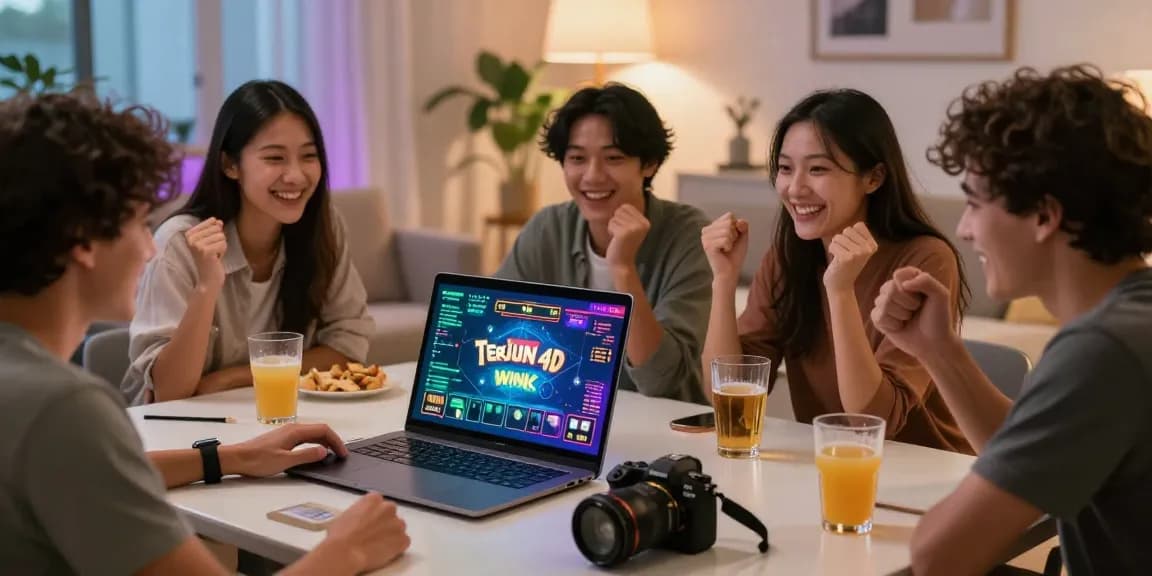Suasana bermain terjun4d dalam ruangan hangat, teman-teman bersenang-senang di laptop.