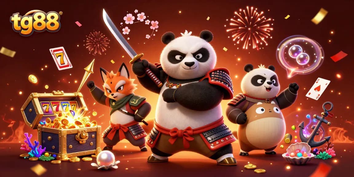 Experience exhilarating fun with tg88 as a samurai panda and ninja fox play casino games.