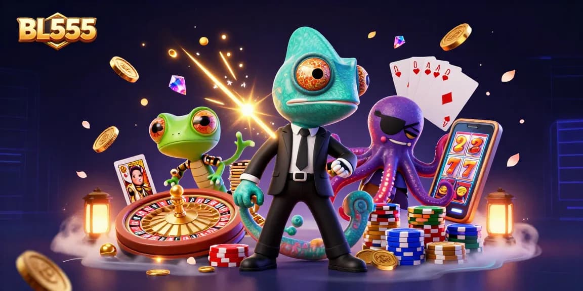 Experience thrilling wins with BL555 in an action-packed casino scene with vibrant elements and characters.