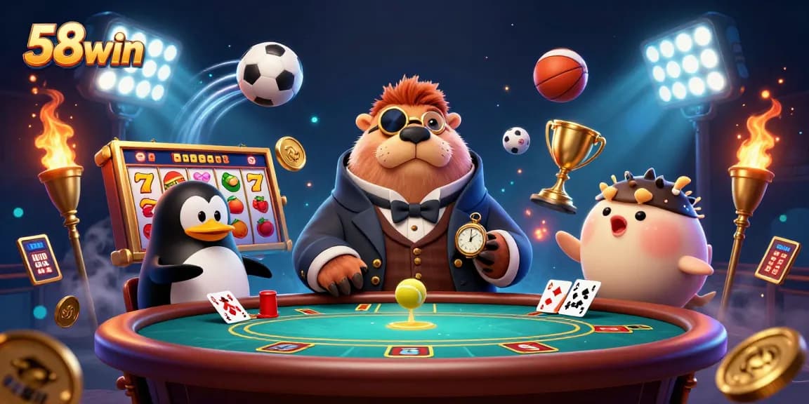 Engage in thrilling 58win slot action with playful characters at a whimsical poker table.