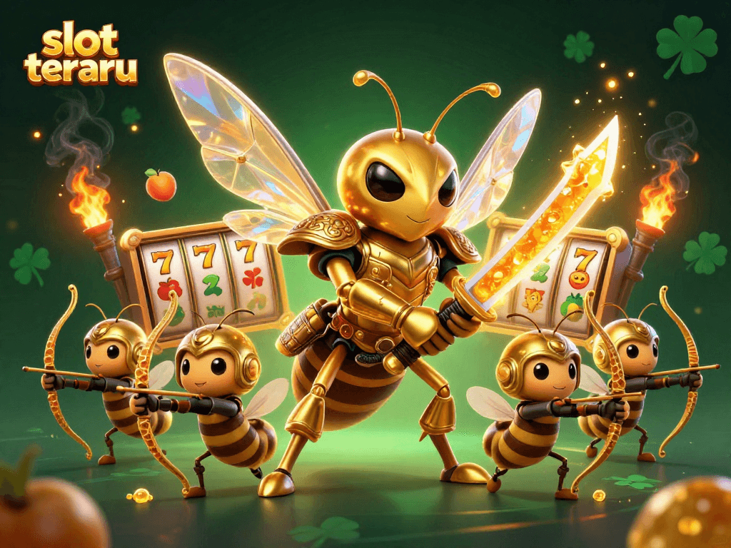 Spin lucrative slots terbaru with vibrant golden hornet samurai and winning prize symbols.