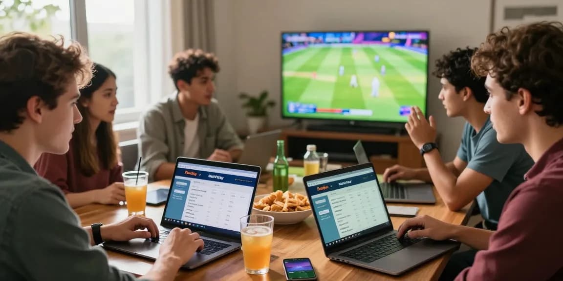 Engaged friends enjoying Fair play cricket betting experience together with laptops and snacks.