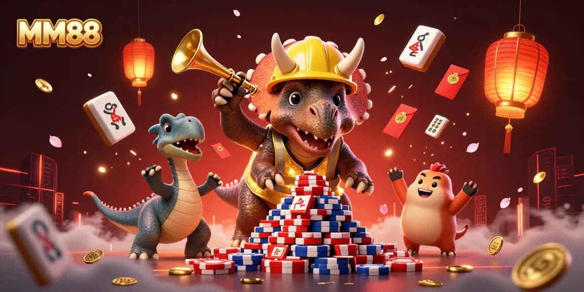 MM88 triceratops builds a poker chip pyramid in a vibrant casino celebration scene.