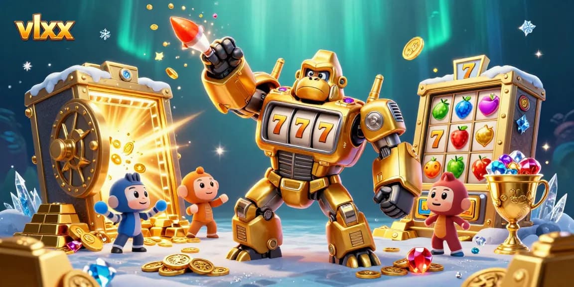 Spin to win with vlxx as the golden gorilla mech punches up coins in a vibrant casino scene!