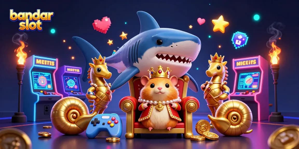 Visualisasi bandar slot dengan hamster raja dan penjaga laut di lingkungan kasino yang cerah.
