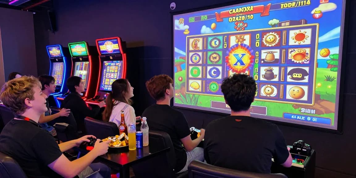 Permainan slot digital yang seru dengan pemain bersemangat dan suasana penuh warna di lounge permainan.