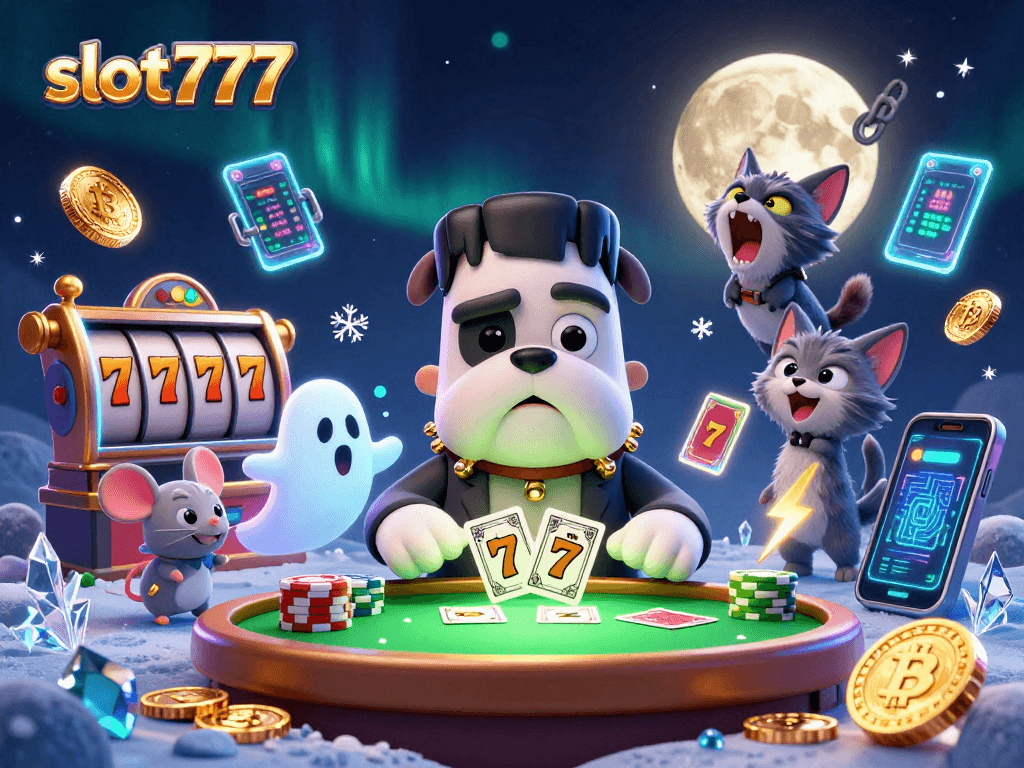 Experience thrilling action at slot777 with unique 3D characters and exciting casino elements in an engaging illustration.