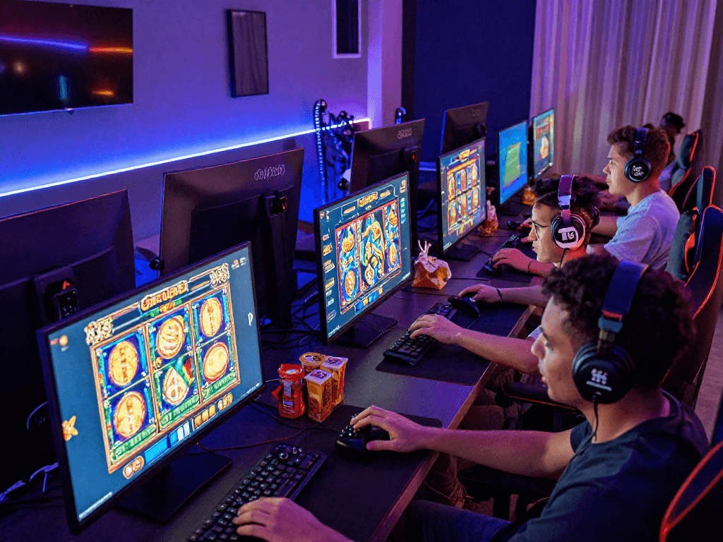 Exciting players engaging with GARUDA55 slot games in a modern home gaming setup.
