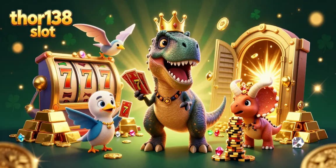Menangkan hadiah di thor138 slot dengan T-Rex mengocok kartu dan triceratops menumpuk chip emas.