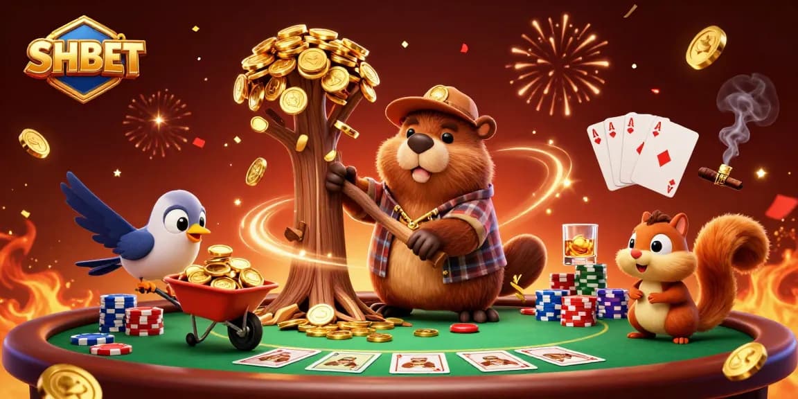 Experience thrilling moments at SHBET with a lively casino scene showcasing winning elements and animated characters.