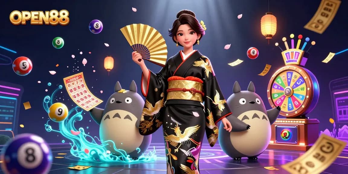 Engage with OPEN88's vibrant gaming scene featuring a dynamic 3D Asian character amidst exciting lottery games.