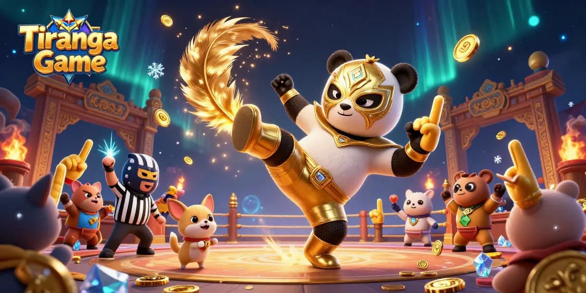 Tiranga Game: Engaging illustration of a panda wrestler kicking with colorful game elements in a vibrant setting.
