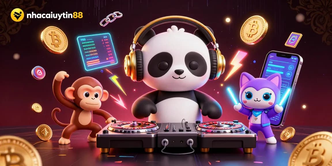 Experience thrilling gaming at nhacaiuytin88 with a vibrant 3D illustration of a DJ panda and gaming action.