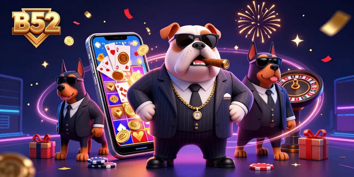 B52 enhances winning excitement as a mafia boss bulldog leads a dynamic casino scene filled with slot games and action.