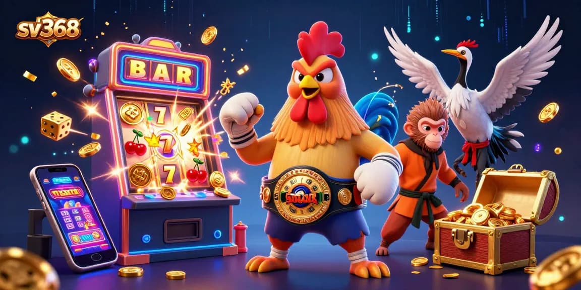 Experience thrilling wins at sv368 with a dynamic illustration of a Muay Thai rooster, Shaolin monkey, and wise crane, celebrating alongside casino elements.