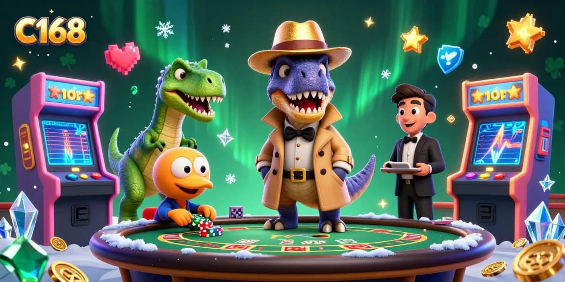 Count chips and win big with C168 at this vibrant casino scene featuring cartoon dinosaurs.